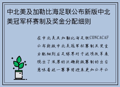 中北美及加勒比海足联公布新版中北美冠军杯赛制及奖金分配细则