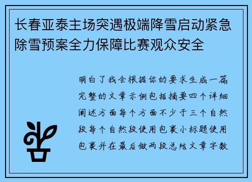长春亚泰主场突遇极端降雪启动紧急除雪预案全力保障比赛观众安全